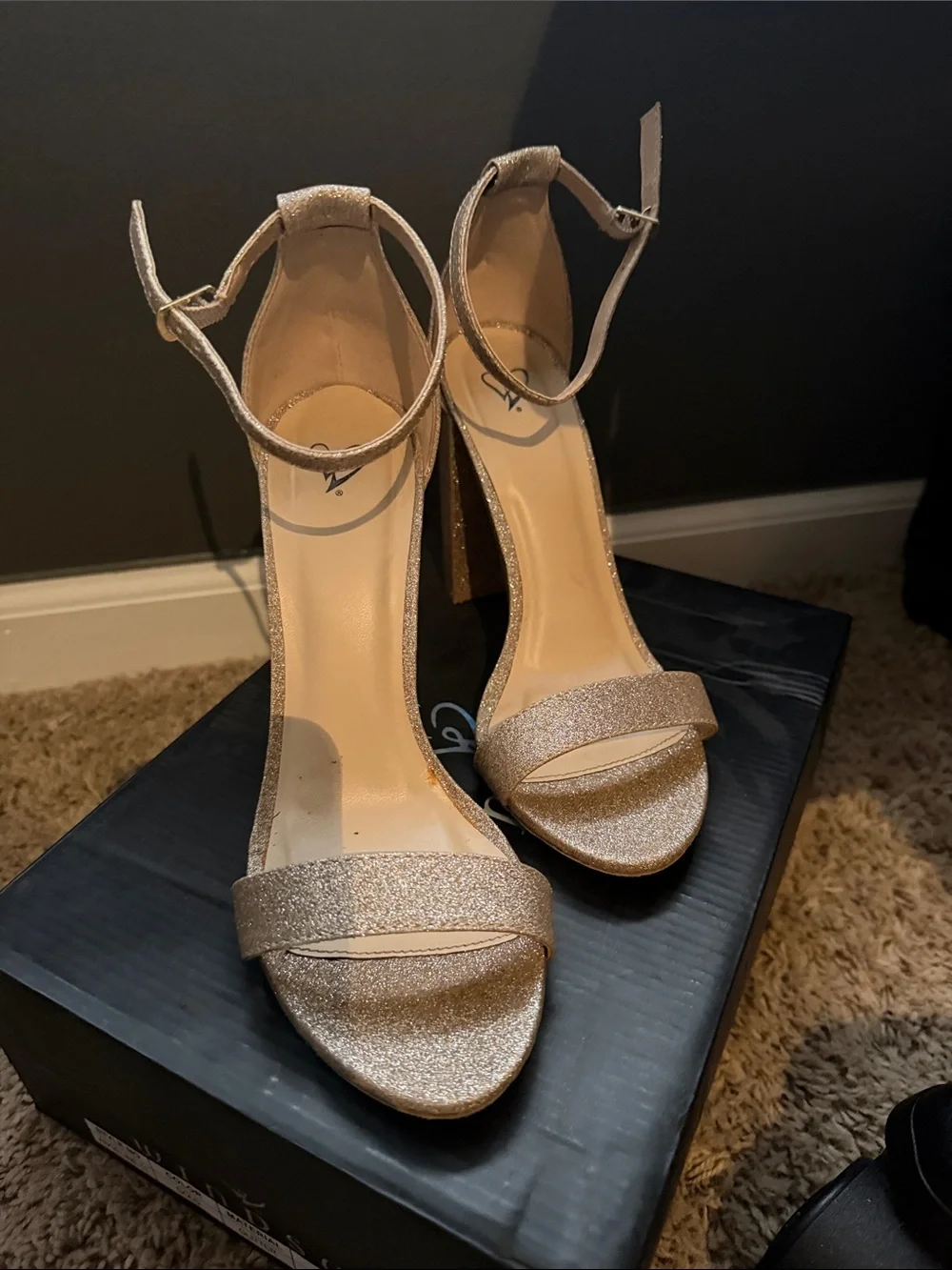 Women's Glitter Ankle-Strap Block Heel Sandals - Gold
